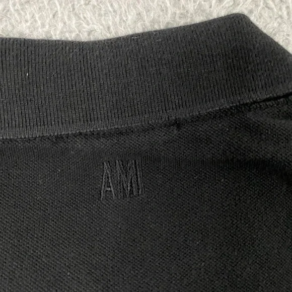 AMI Polo Shirt Mens Medium Short Sleeve Black Mesh Knit Logo - Picture 7 of 10
